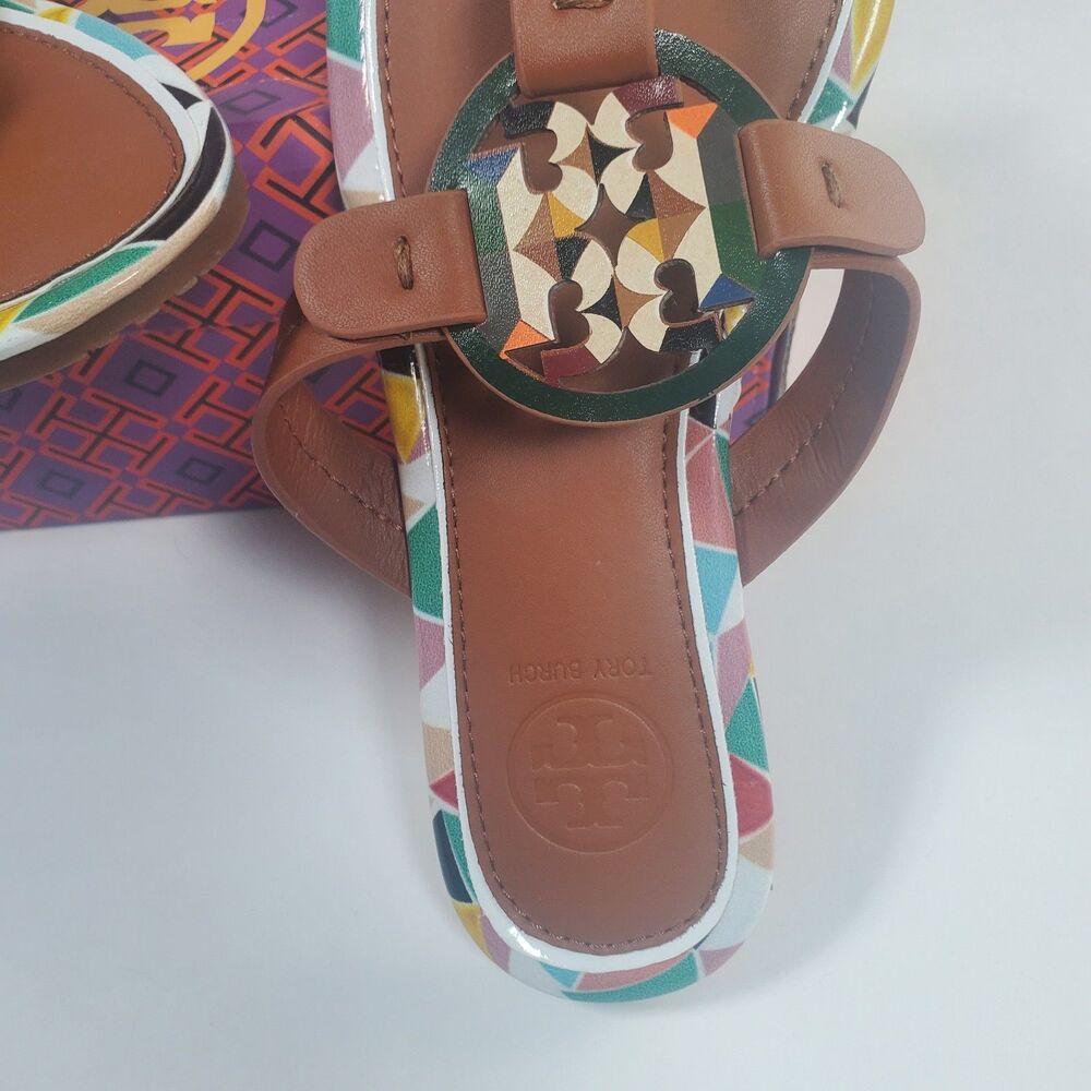 NEW Tory Burch Women’s Sandals Size 7 Brown Multicolor Logo Thong Flip Flop - Picture 3 of 9